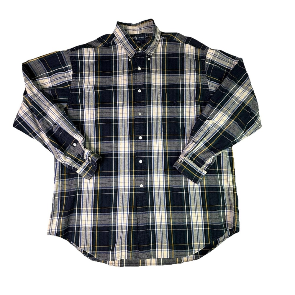 Polo Ralph Lauren Big Shirt Mens XL Plaid Button Down Cotton Navy Green